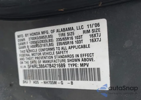 2007 Honda Odyssey Ex-L from USA, damaged, VIN 5FNRL38647B421689